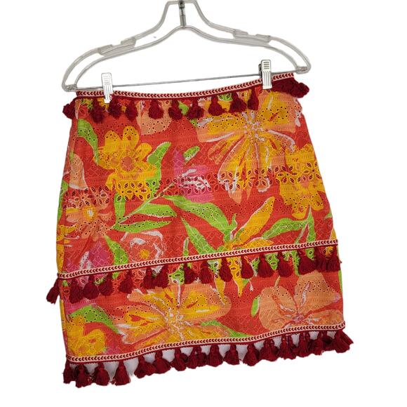 Anthropologie Verb Electra Eyelet Skirt Tropical Bold Floral Women Tassels Small - Picture 2 of 11